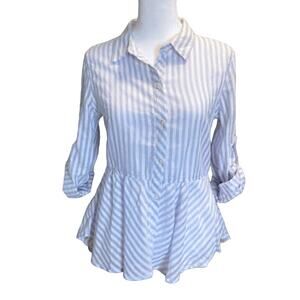 Love Notes Blue‎ and White Stripe Roll Tab Sleeves Cotton Blouse Size Small NWT